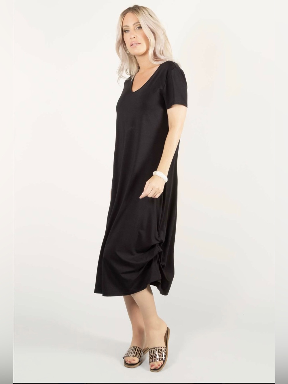 Sz M⭐️NWT Pure Essence Bamboo Jersey Black Up Down Hem MIDI Dress  44”L PTP 19”